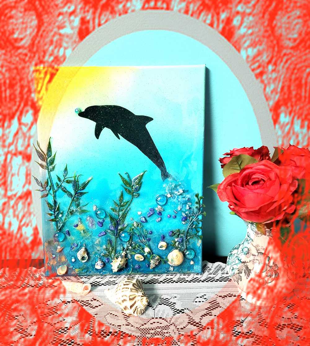 3D Canvas Resin Art with a Silhouette of a Dolphin, Seashells, Rocks and Foliage, 30 x 40 cm