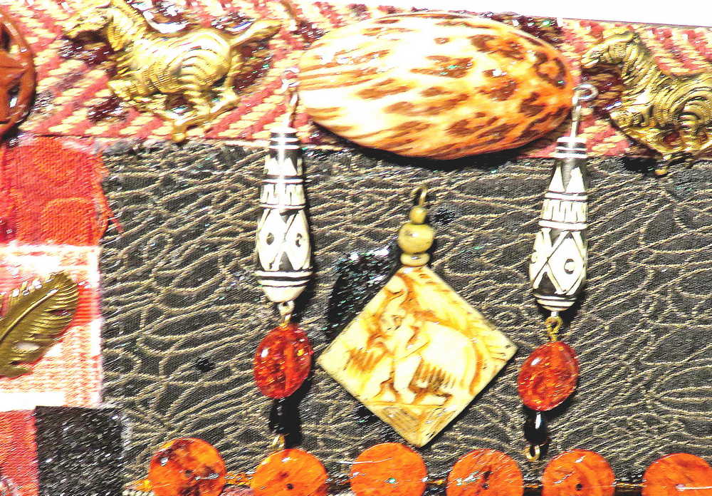 "SAFARI" Wild Animals & Fabric Wall Art In Deep Oranges & Browns, Abstract Art, One of a Kind Artwork