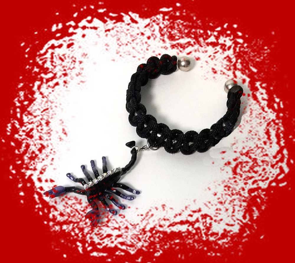 Creepy, Scary, Black Braided Open Bracelet with a Black & Purple Gem Encrusted Scorpion for Halloween or Everyday Wear