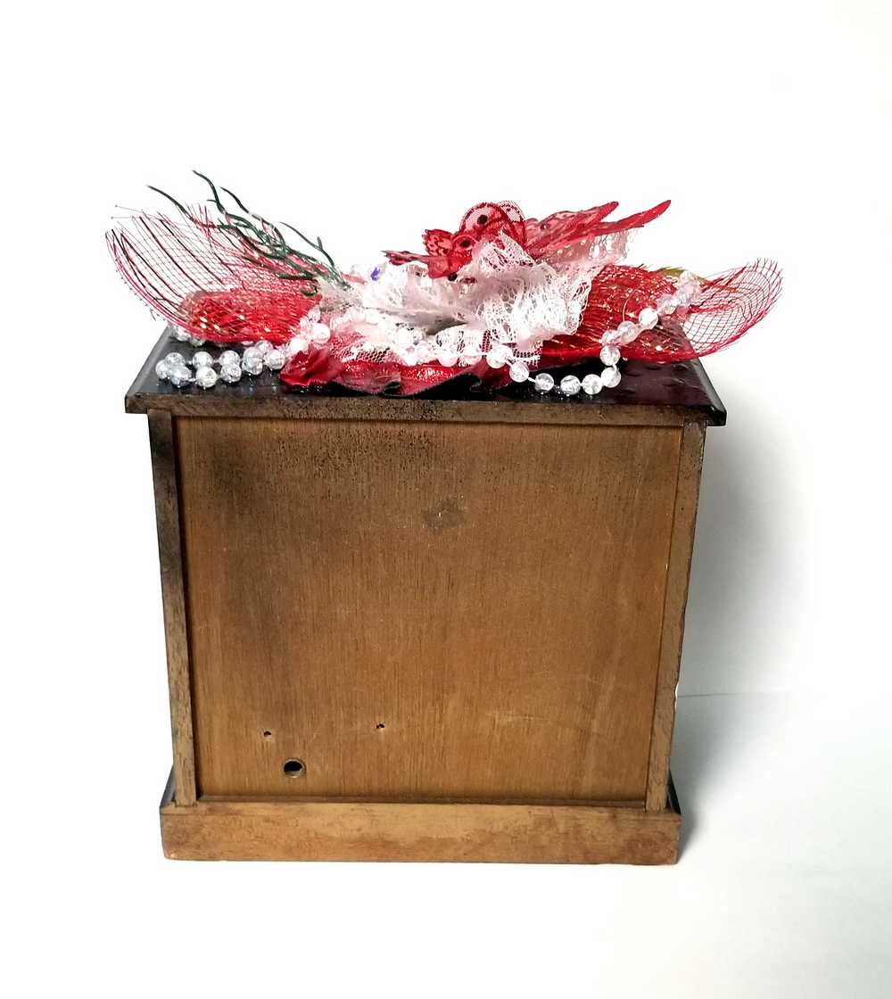 Black & Red 3 Drawer Ladies Jewlery Box with a Red Butterfly, Red & White Lace with Hearts on the Handles