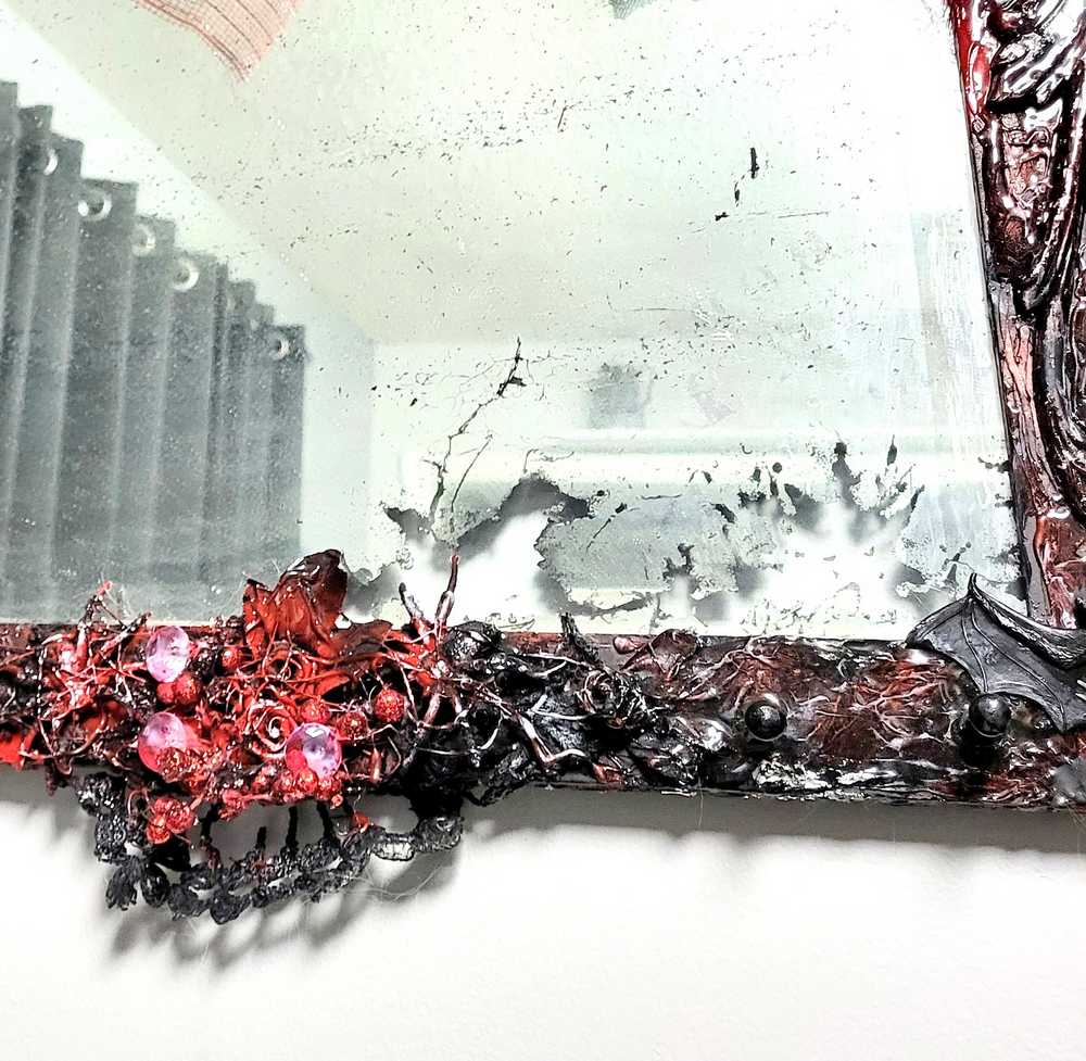 Large Antique Refurbished Skull Mirror in Red and Black with Bats & Spiders