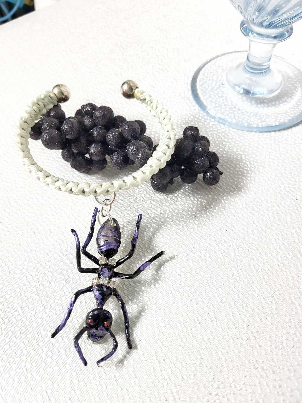 Giant Black Ant Bracelet Encrusted with Rhinestones For Halloween, Punk, Goth, White Braided Open Bangel