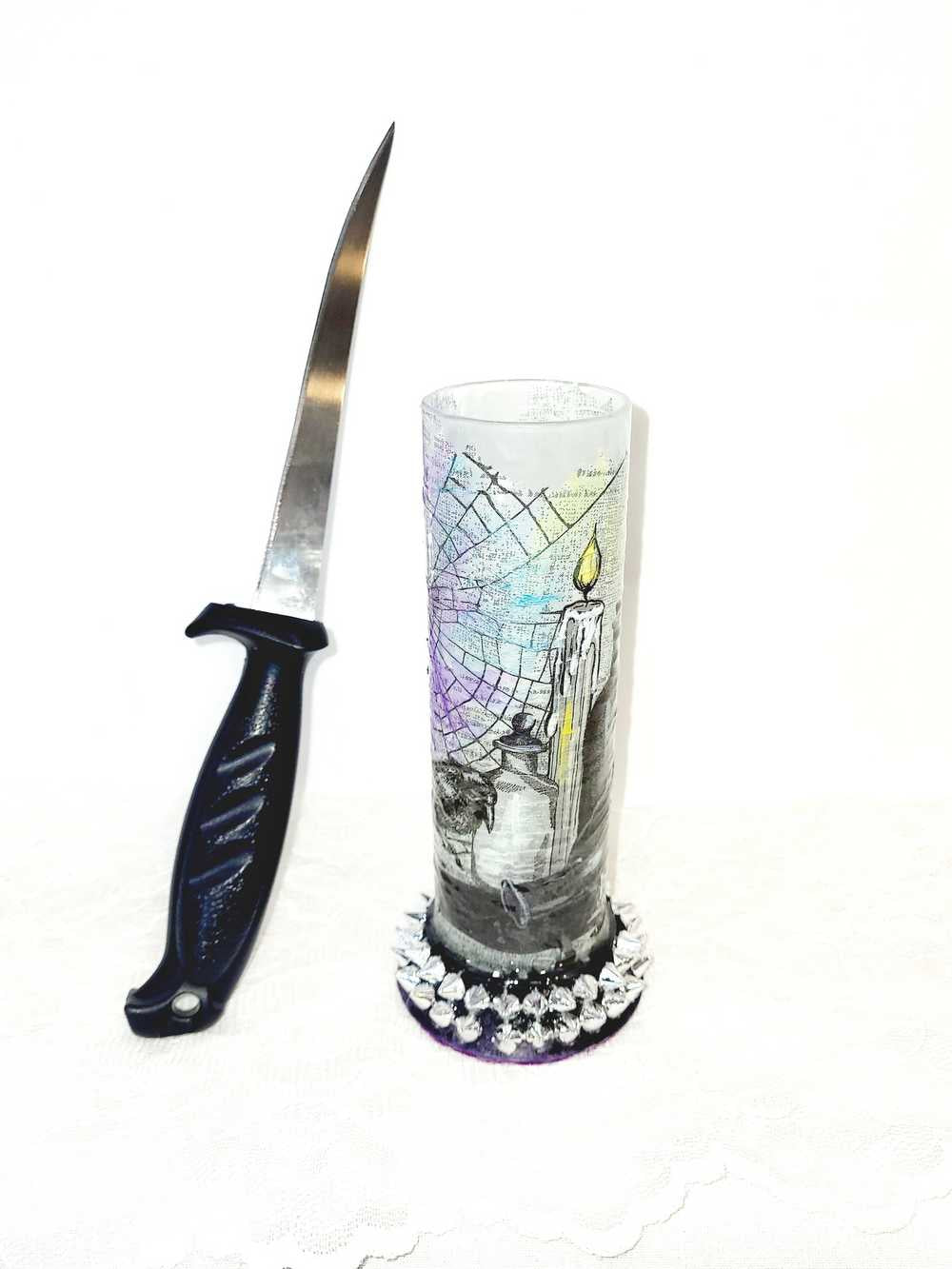 Glass Vase with Decoupage Crow, Potion Bottles, Candles, Cobwebs and Silver Studs, Gothic, Punk, Witch