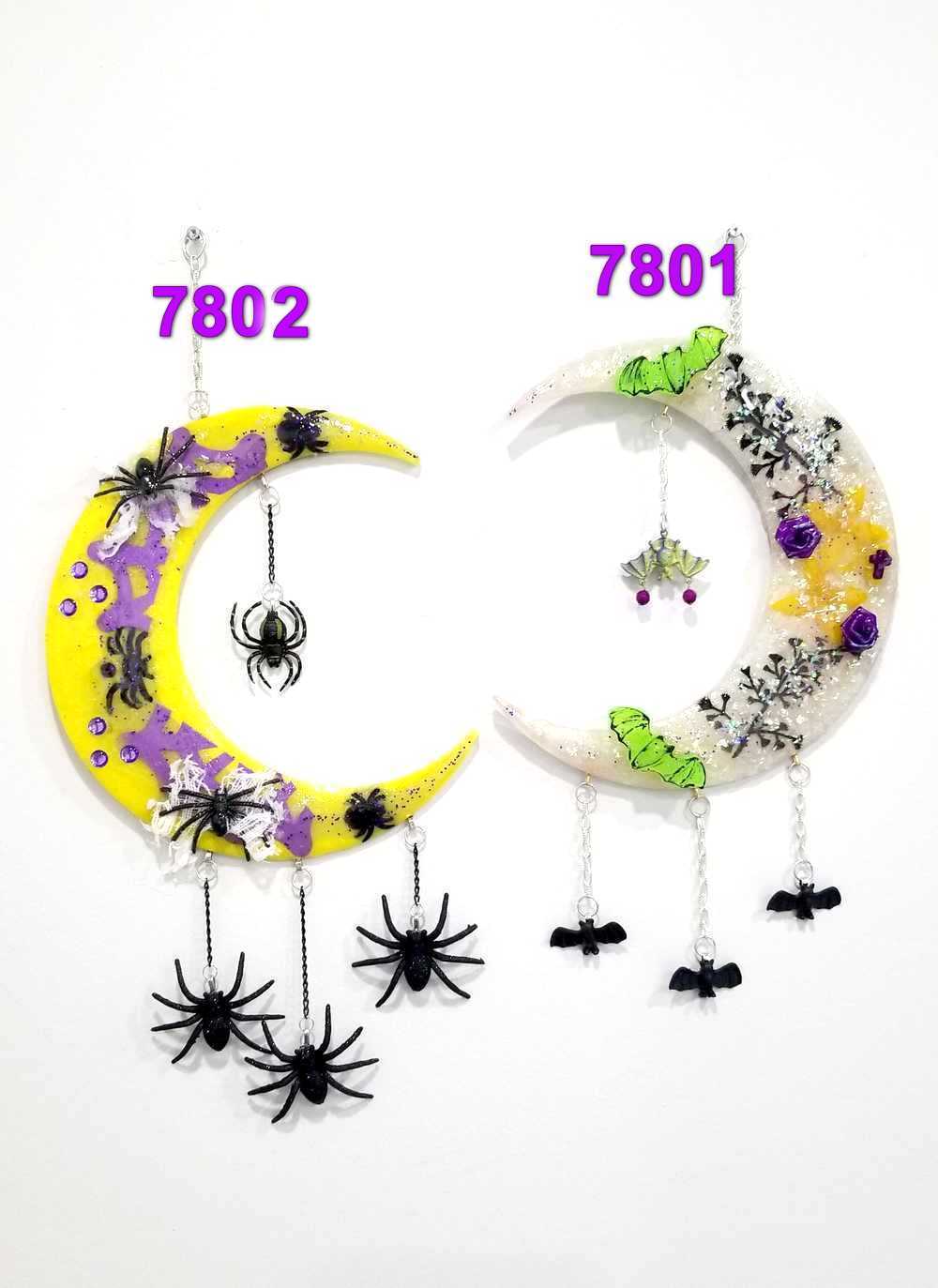 Resin Quarter Moon Bats, Spiders and Flowers