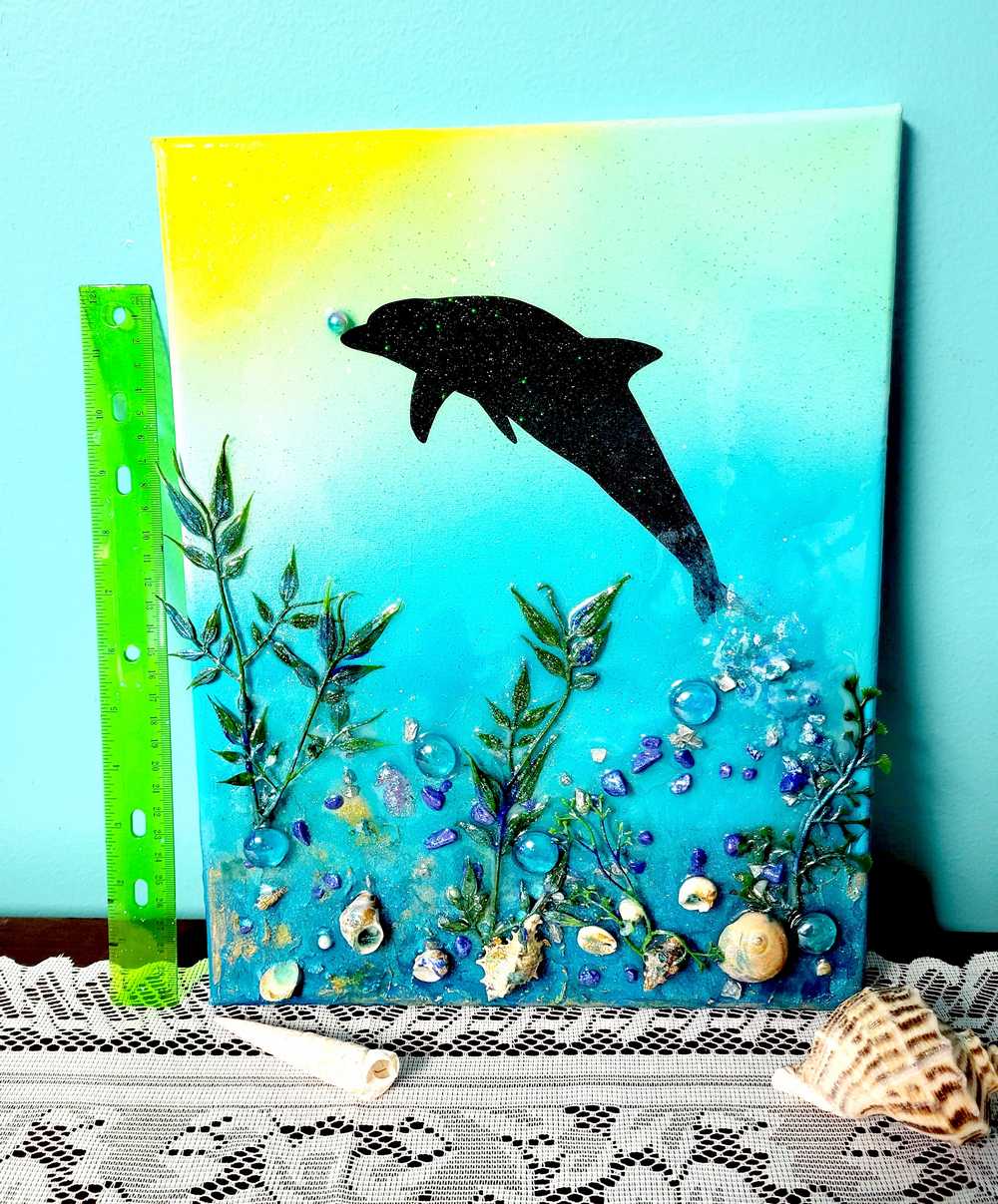3D Canvas Resin Art with a Silhouette of a Dolphin, Seashells, Rocks and Foliage, 30 x 40 cm
