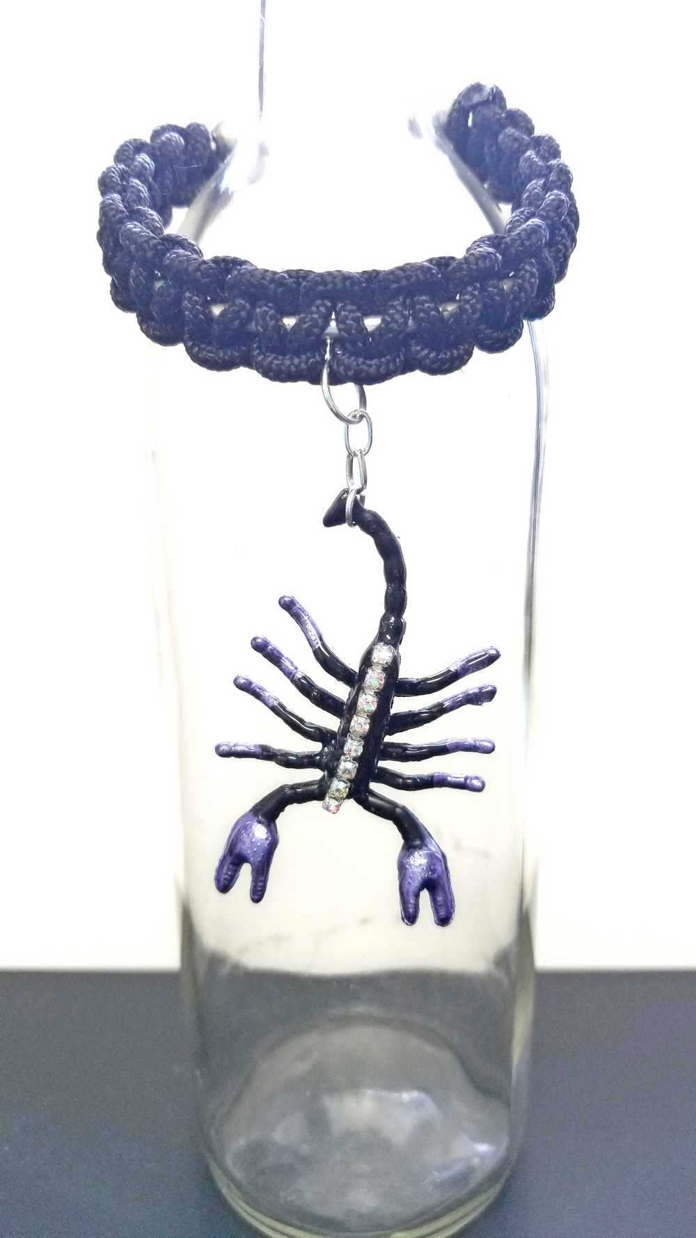 Creepy, Scary, Black Braided Open Bracelet with a Black & Purple Gem Encrusted Scorpion for Halloween or Everyday Wear