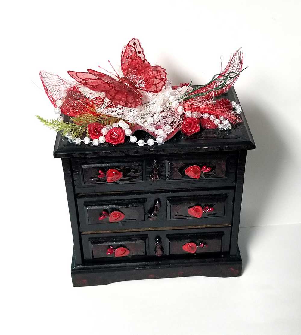 Black & Red 3 Drawer Ladies Jewlery Box with a Red Butterfly, Red & White Lace with Hearts on the Handles