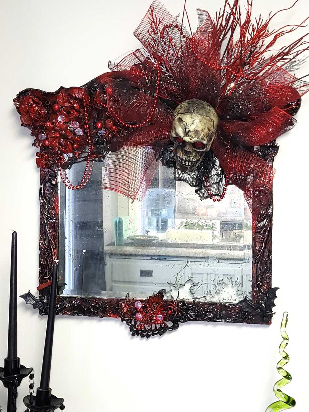 Large Antique Refurbished Skull Mirror in Red and Black with Bats & Spiders
