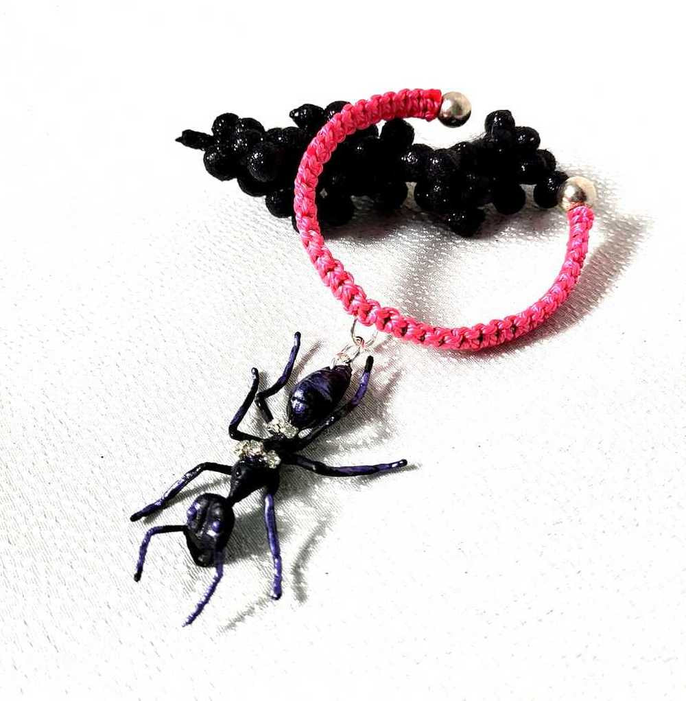 Eerie, Creepy Braided Pink Adjustable Bracelet with an Enormous Black Ant with Hint of Purplle Accents and Clear Rhinestones Across its Back