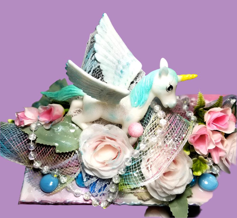Girls, Ladies Jewelry Box with Pink Roses, a Unicorn, Glittery Lace and Glass Cabochons