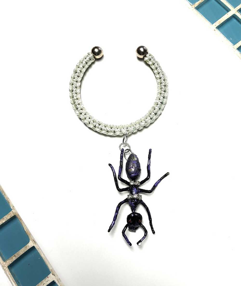 Giant Black Ant Bracelet Encrusted with Rhinestones For Halloween, Punk, Goth, White Braided Open Bangel