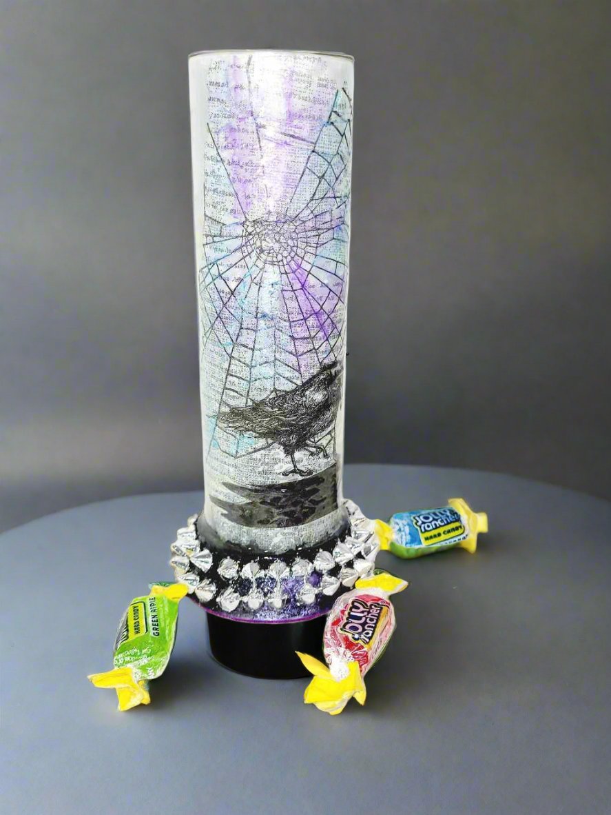 Glass Vase with Decoupage Crow, Potion Bottles, Candles, Cobwebs and Silver Studs, Gothic, Punk, Witch
