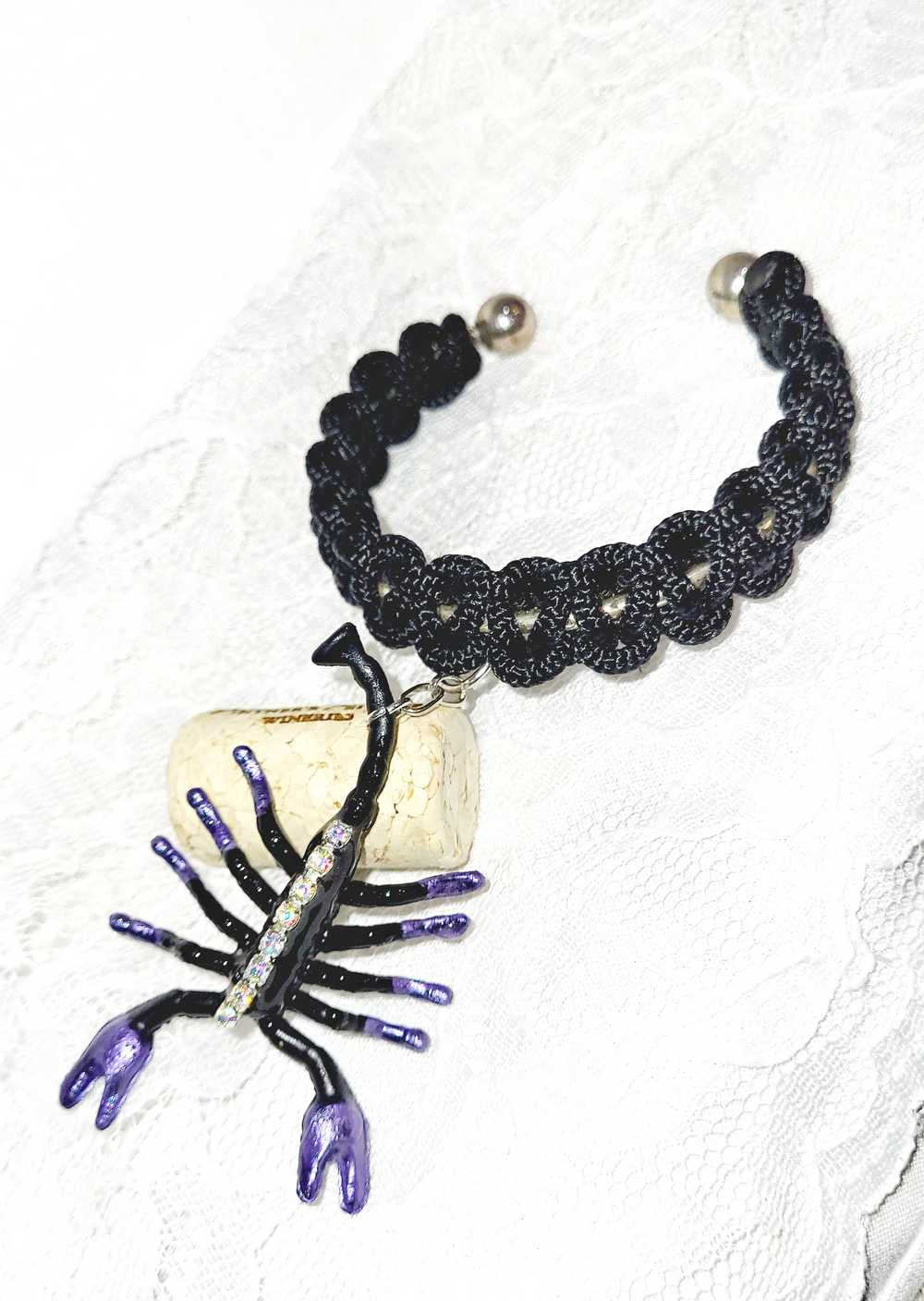 Creepy, Scary, Black Braided Open Bracelet with a Black & Purple Gem Encrusted Scorpion for Halloween or Everyday Wear