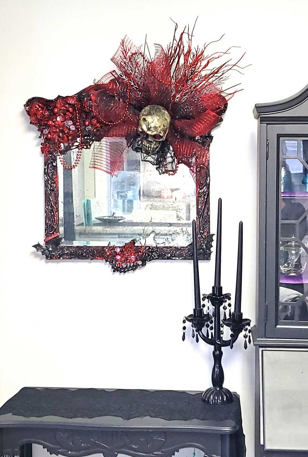 Large Antique Refurbished Skull Mirror in Red and Black with Bats & Spiders
