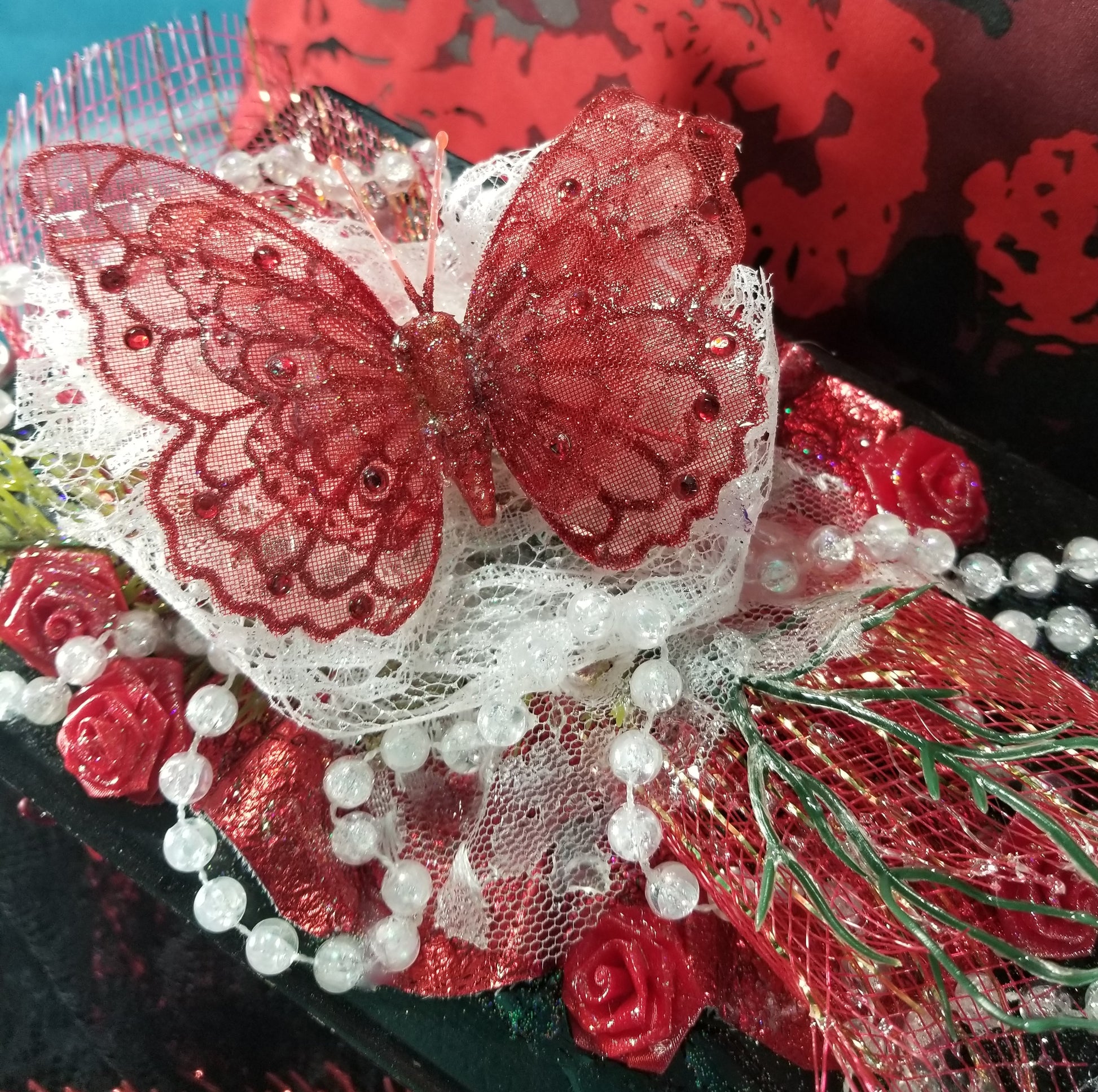 Black & Red 3 Drawer Ladies Jewlery Box with a Red Butterfly, Red & White Lace with Hearts on the Handles
