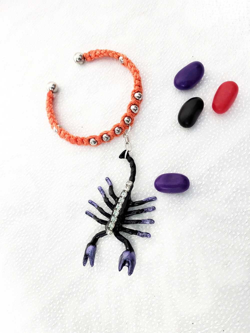 Orange & Black Open Bracelet with Creepy Black Gem Encrusted Clear Rhinestones, For Halloween, Punk or Goth