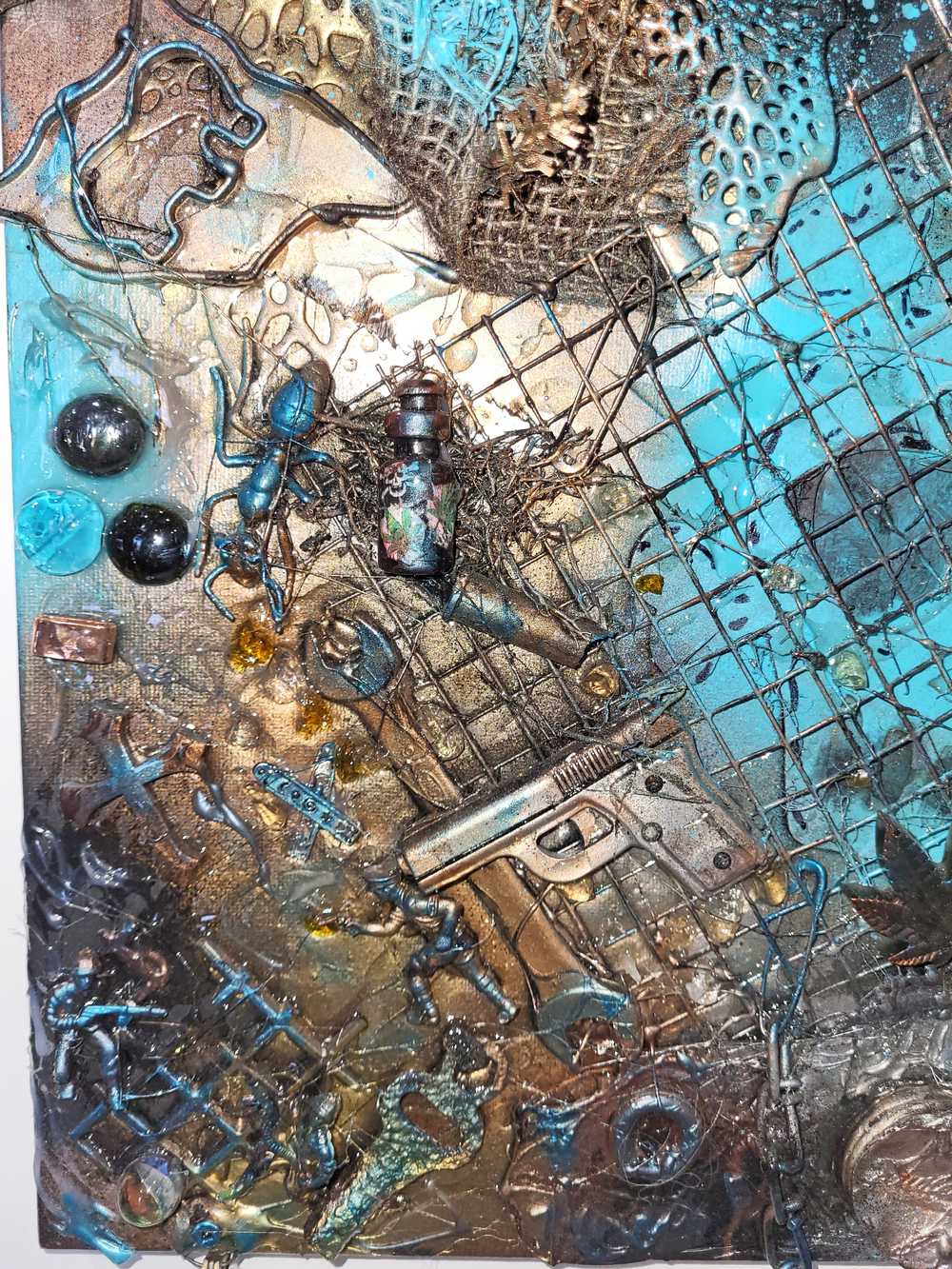 Creepy Skull Clock on 16 x 20 inch Canvas, with Chains, Nuts, Bolts, Teal Blue
