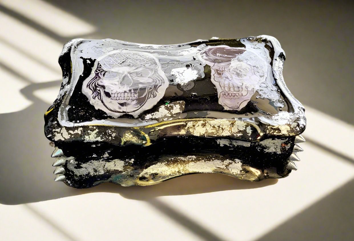 Black Painted Porcelain Trinket/Stash, Jewelry Box with Skull Faces and Silver Studded Domes