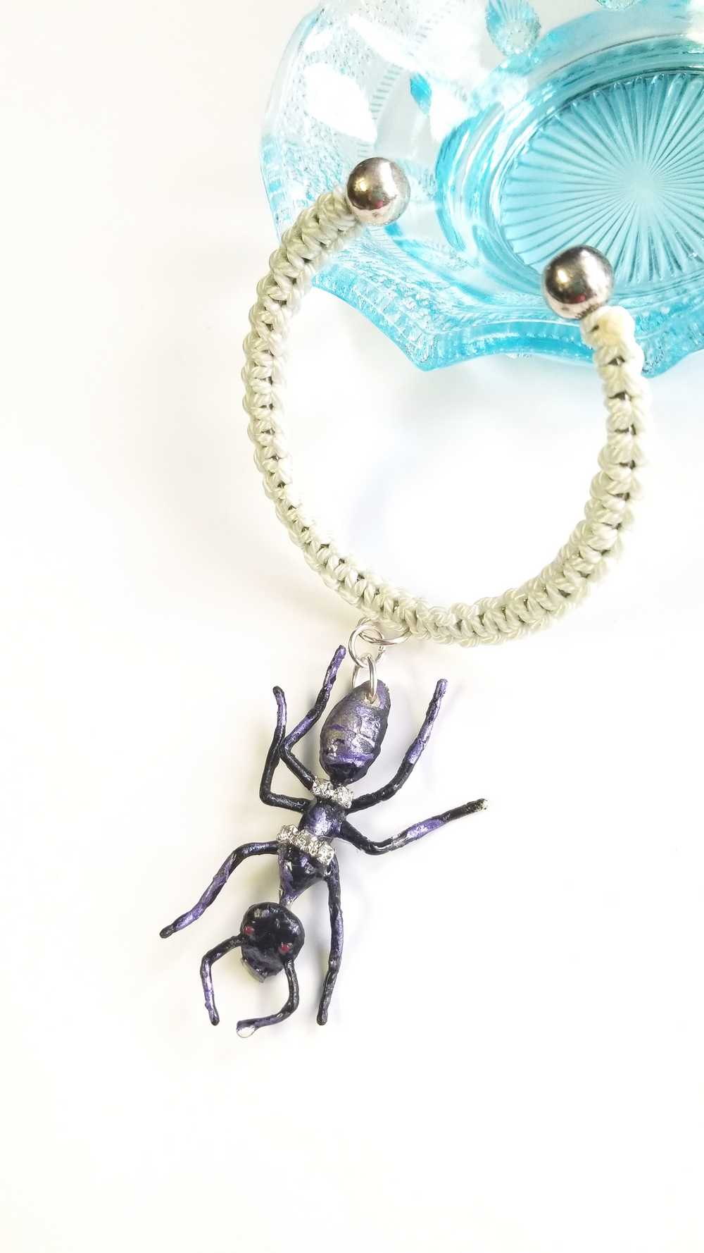 Giant Black Ant Bracelet Encrusted with Rhinestones For Halloween, Punk, Goth, White Braided Open Bangel