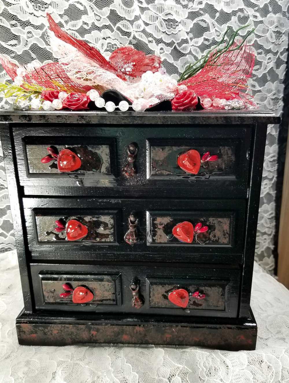 Black & Red 3 Drawer Ladies Jewlery Box with a Red Butterfly, Red & White Lace with Hearts on the Handles