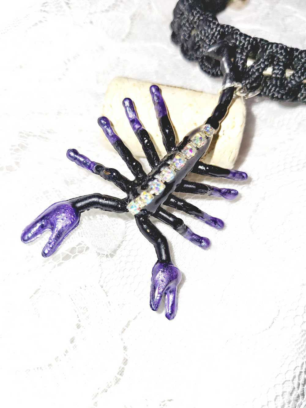 Creepy, Scary, Black Braided Open Bracelet with a Black & Purple Gem Encrusted Scorpion for Halloween or Everyday Wear