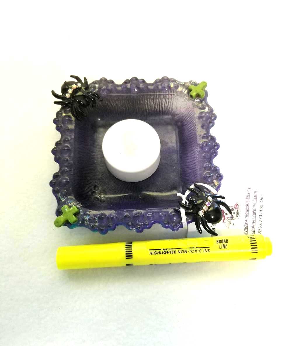 Creepy, Adorable Purple Candle Holder or Candy Dish with Rhinestone Studded Black Spiders and Green Crosses