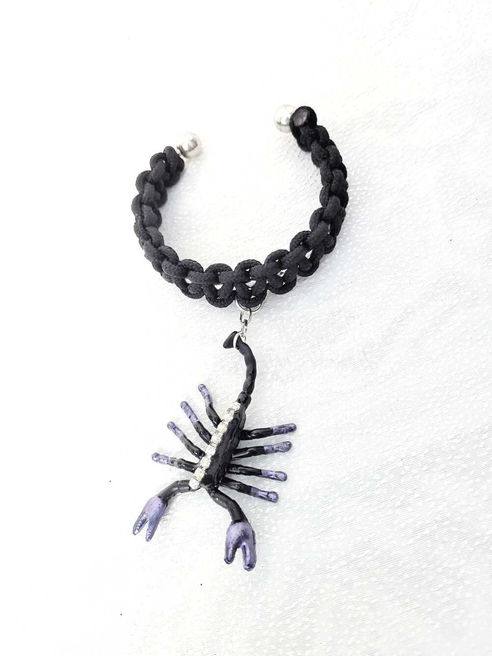 Creepy, Scary, Black Braided Open Bracelet with a Black & Purple Gem Encrusted Scorpion for Halloween or Everyday Wear