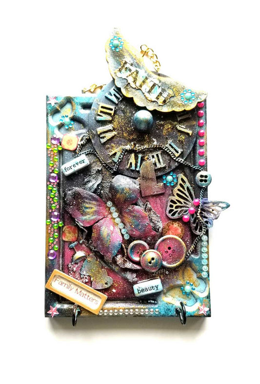 "Faith" Wood Wall Decor With Clock Face, Angel Wings & Butterflies, with Key Hooks