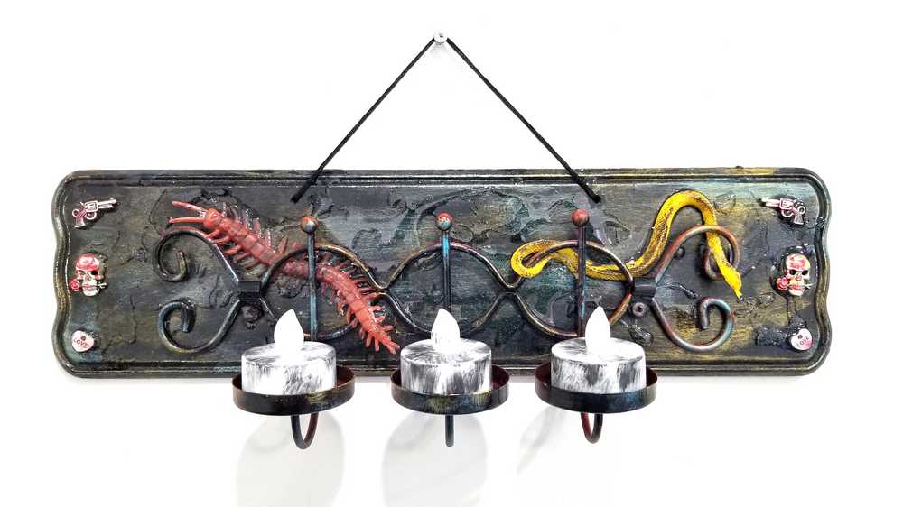 Black Metal Candle Holder, Holds 3 Battery Candles, with a Couple of Skulls, a Creepy Centipede and a Snake