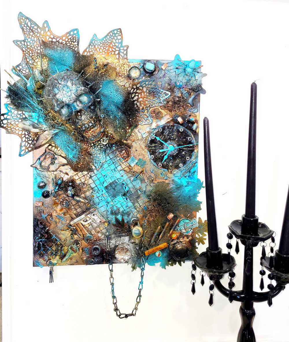 Creepy Skull Clock on 16 x 20 inch Canvas, with Chains, Nuts, Bolts, Teal Blue