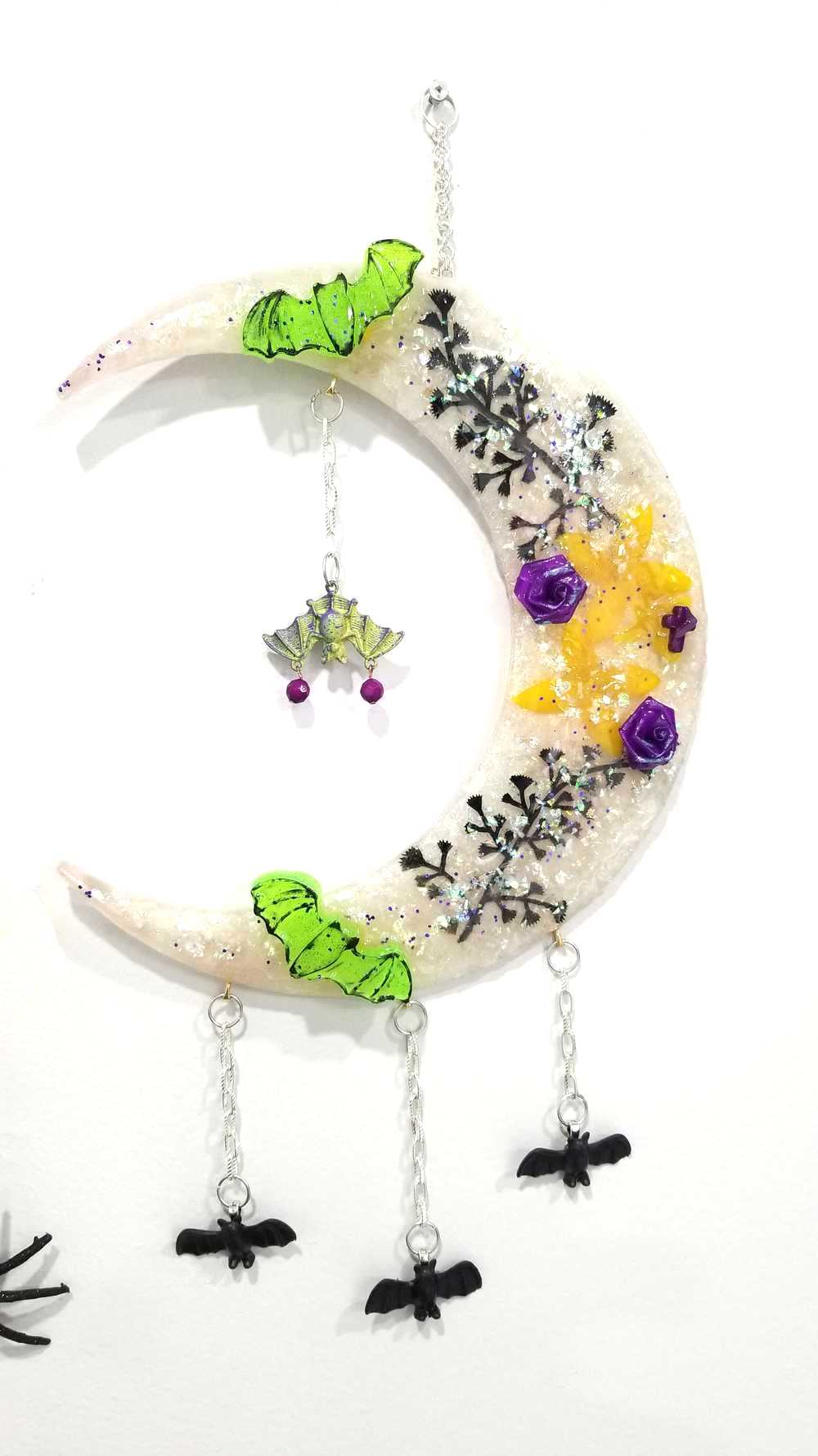 Resin Quarter Moon Bats, Spiders and Flowers
