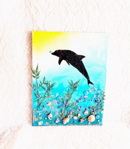 3D Canvas Resin Art with a Silhouette of a Dolphin, Seashells, Rocks and Foliage, 30 x 40 cm