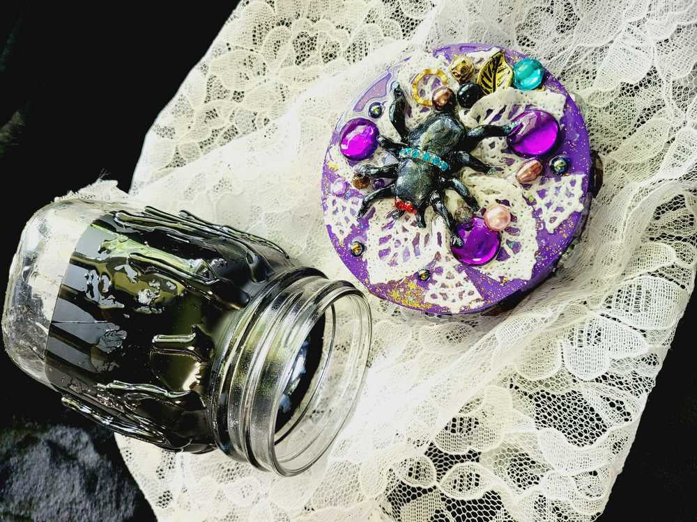 Decorated Mason Jar to fill with Your Favorite Candy, Spices, Dry Goods for Halloween or Everyday, Large Spider on Wooden Lid