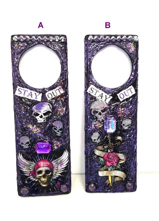 "Stay Out" Door Knob Signs with Skulls, a Dagger, a Rose and a Heart in Black & Purple