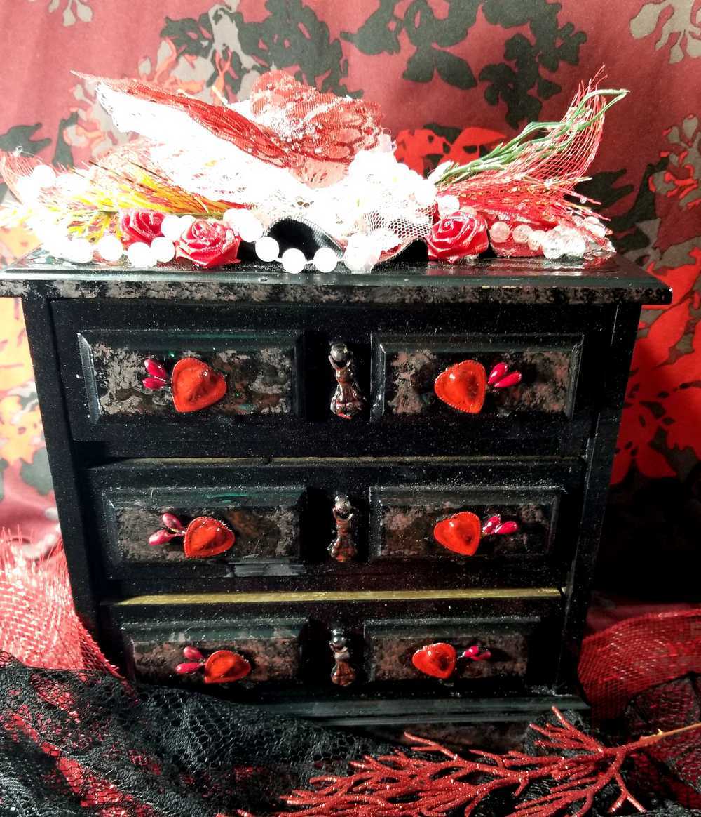Black & Red 3 Drawer Ladies Jewlery Box with a Red Butterfly, Red & White Lace with Hearts on the Handles