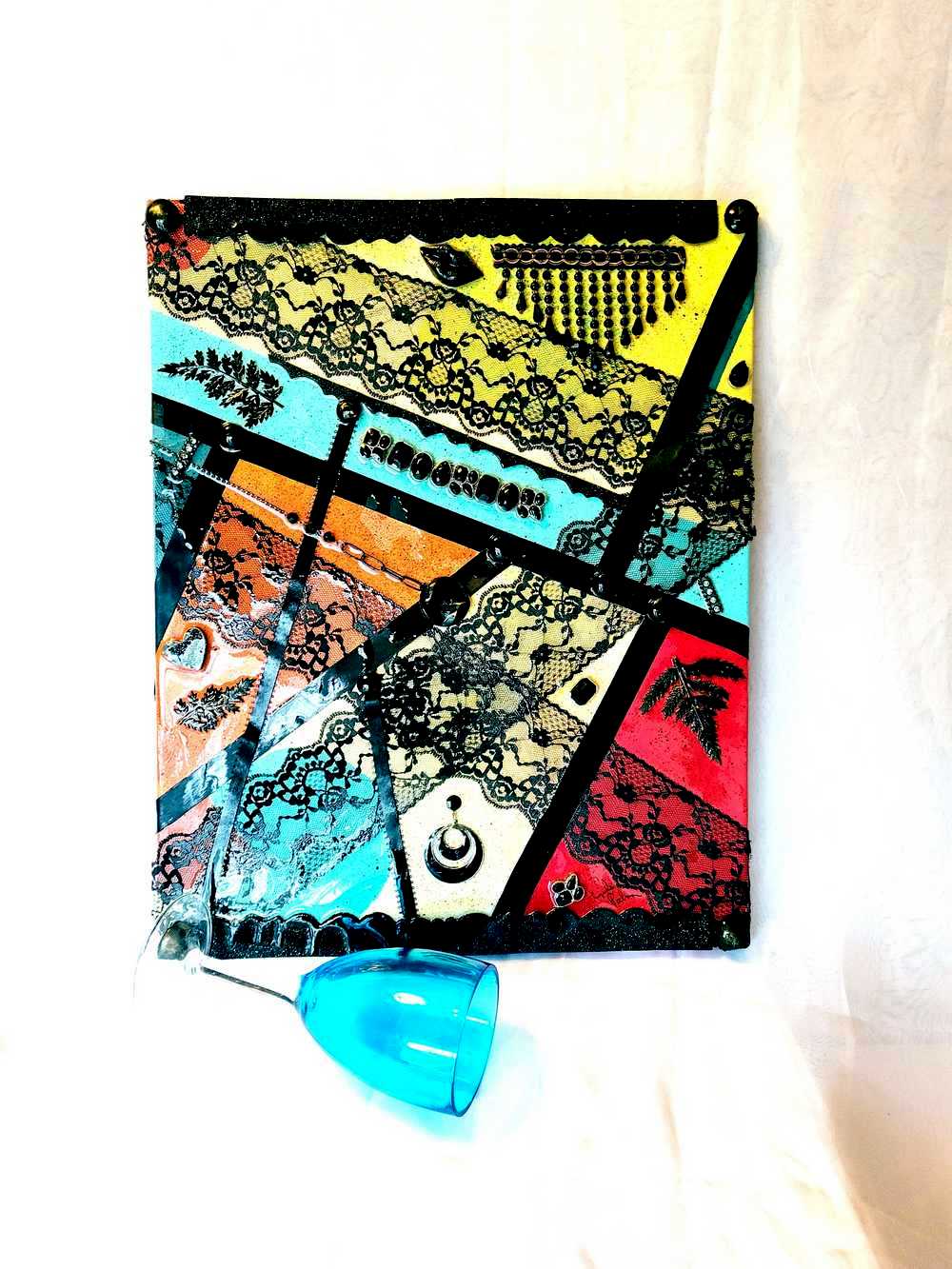 Multi Media Mixed Art on 16x20 inch Canvas in Bright Colors w/Black Lace & Recycled Jewelry