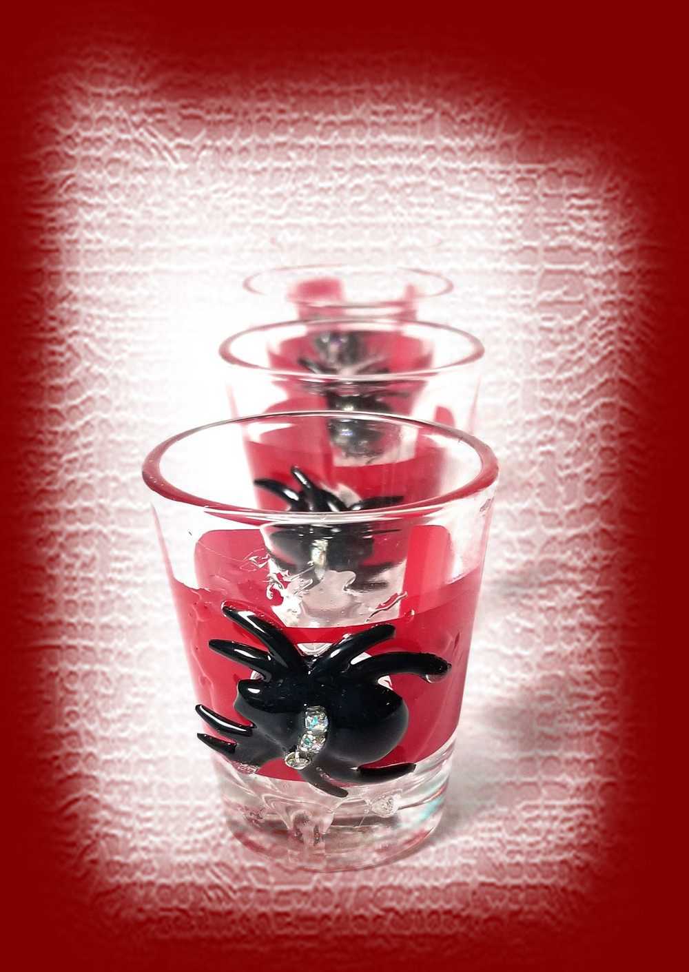 4 Shot Glasses in Red with Black Spiders with Rhinestones