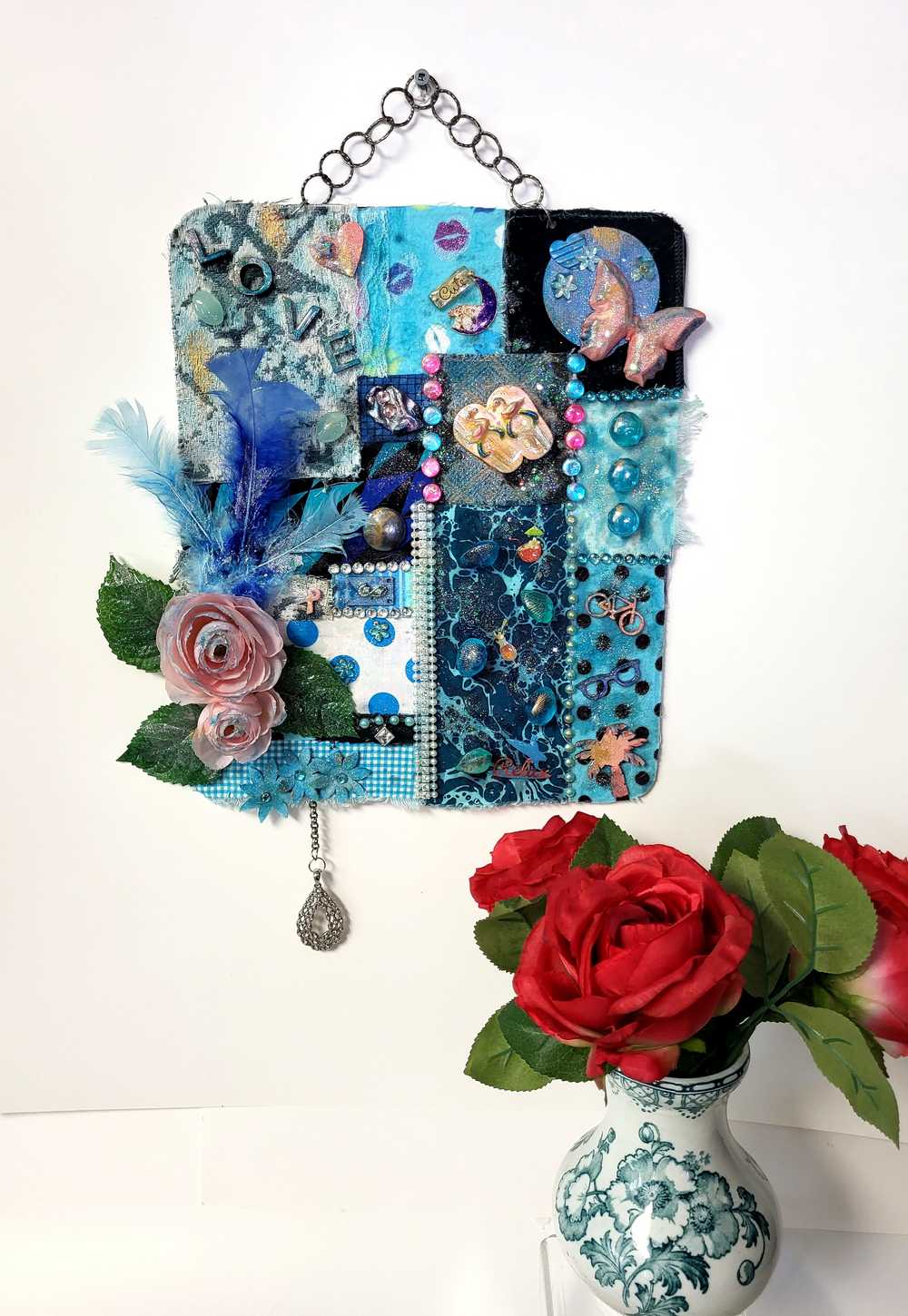"SWEET TREAT" Wall Collage Hanger using Fabrics in Soft Blues and Teals, Wall Art