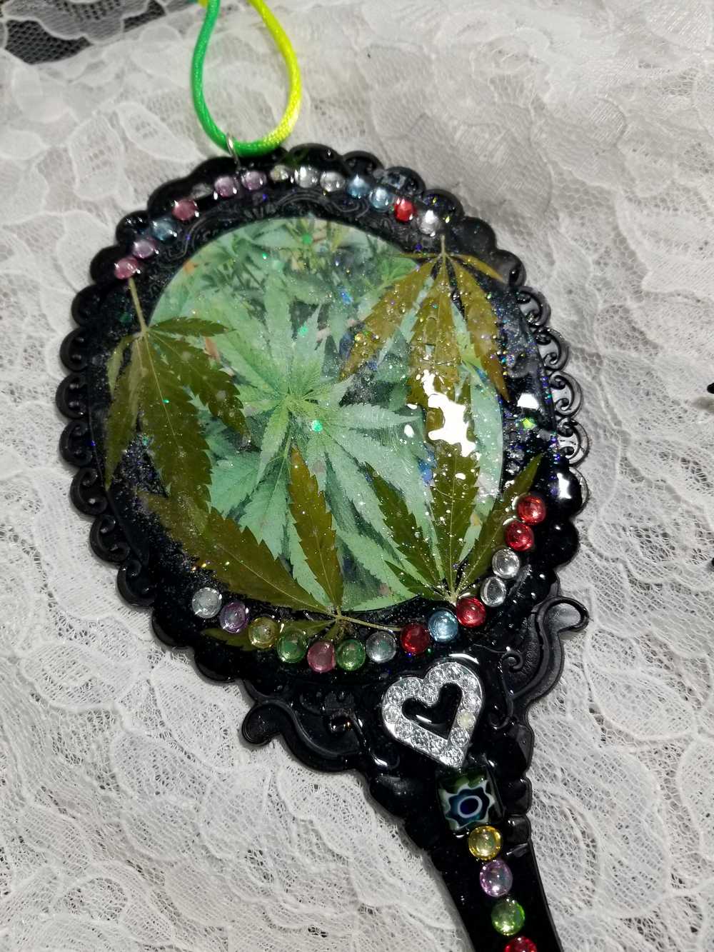 Black Hand Held Mirror with a Heart, Natures Leaves and Gemstones