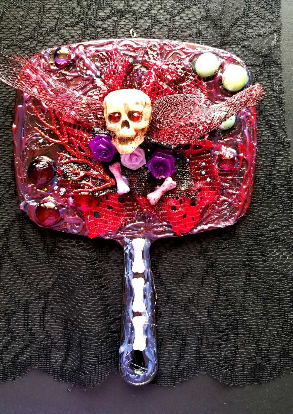 Black Hand Mirror, with Skull, Bones, Black & Red Lace, Goth Art