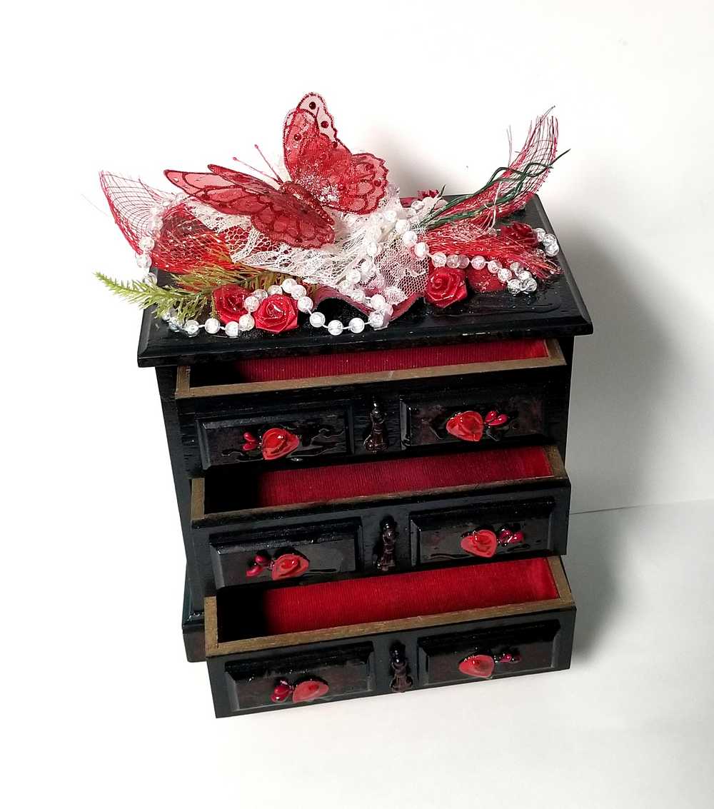 Black & Red 3 Drawer Ladies Jewlery Box with a Red Butterfly, Red & White Lace with Hearts on the Handles
