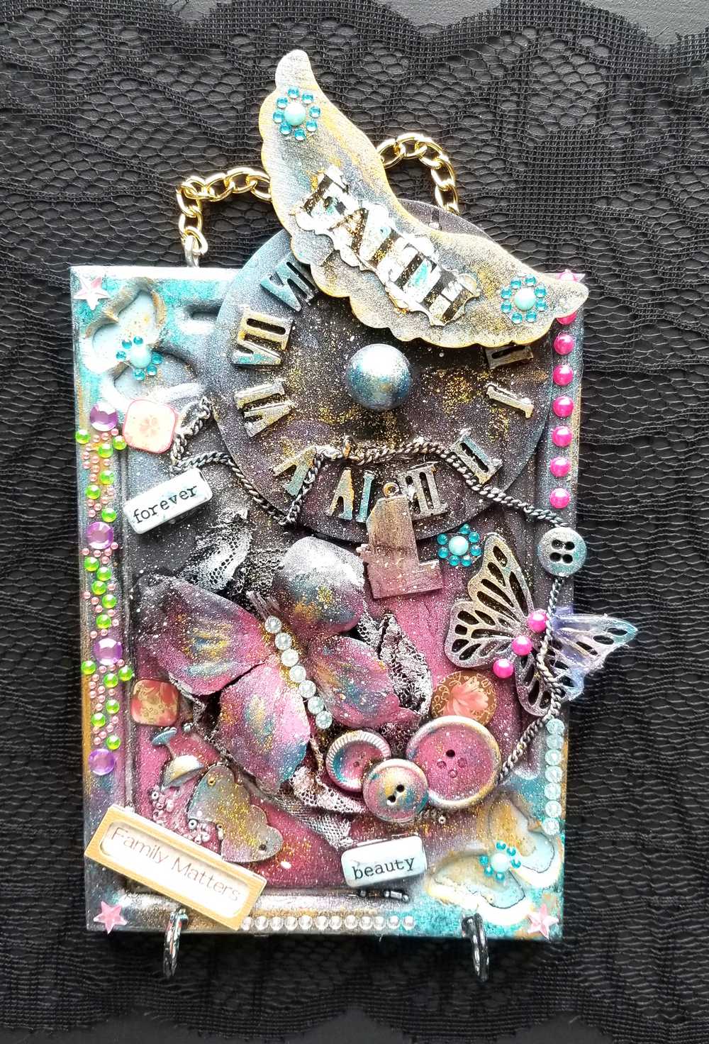 "Faith" Wood Wall Decor With Clock Face, Angel Wings & Butterflies, with Key Hooks