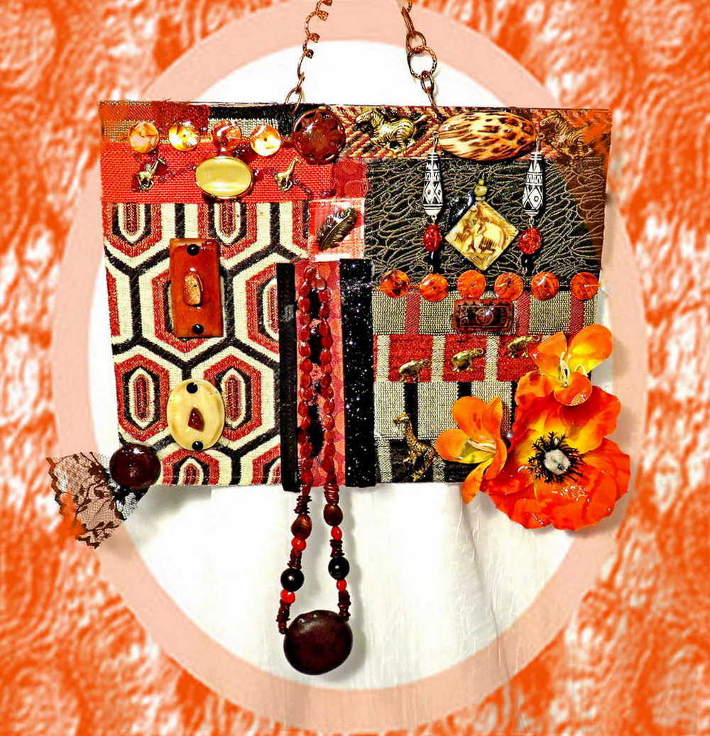 "SAFARI" Wild Animals & Fabric Wall Art In Deep Oranges & Browns, Abstract Art, One of a Kind Artwork