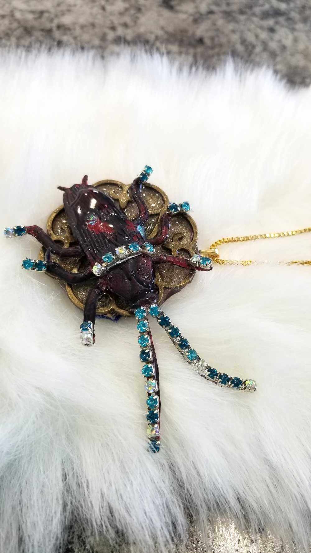 Beetle Bug Necklace for Halloween or Everyday Wear, Teal & Clear Rhinestones