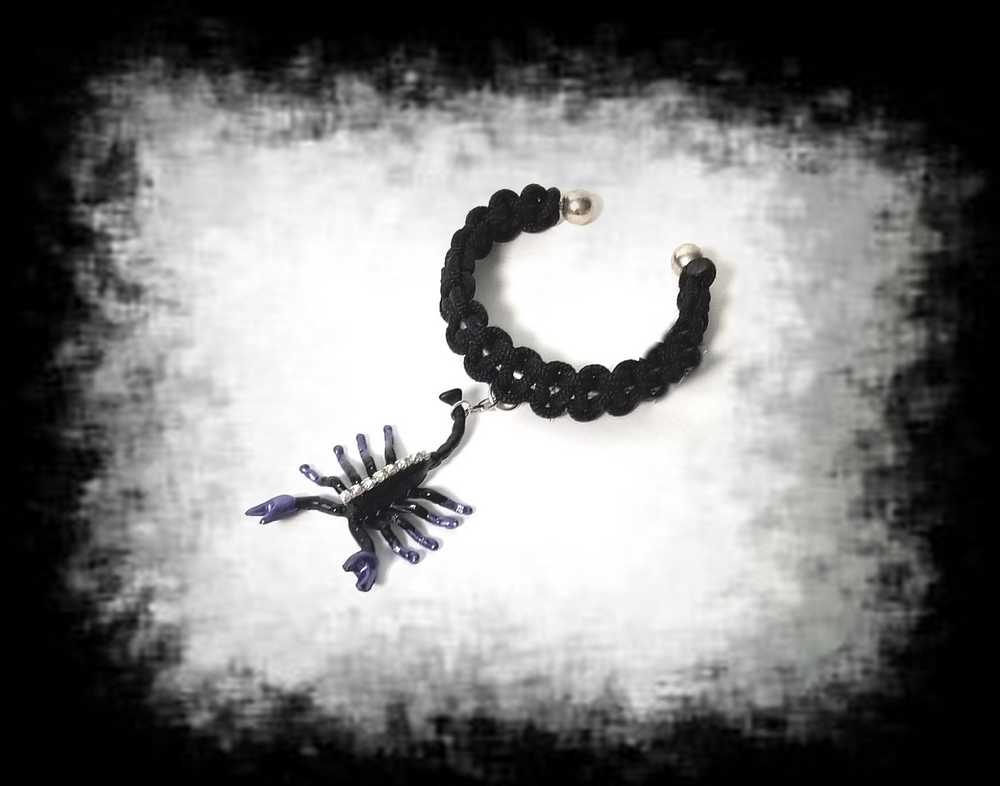 Creepy, Scary, Black Braided Open Bracelet with a Black & Purple Gem Encrusted Scorpion for Halloween or Everyday Wear