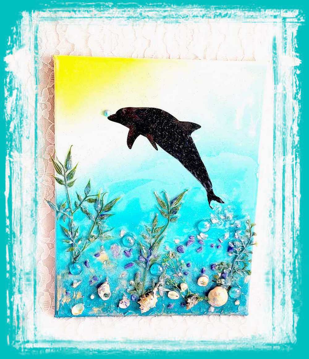 3D Canvas Resin Art with a Silhouette of a Dolphin, Seashells, Rocks and Foliage, 30 x 40 cm