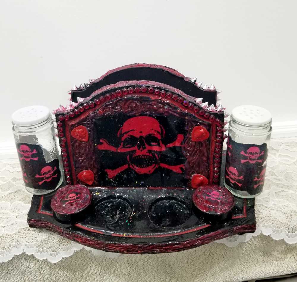 Black & Red Napkin Holder with Salt & Pepper Shakers Decorated with Red Cross & Bones Skull