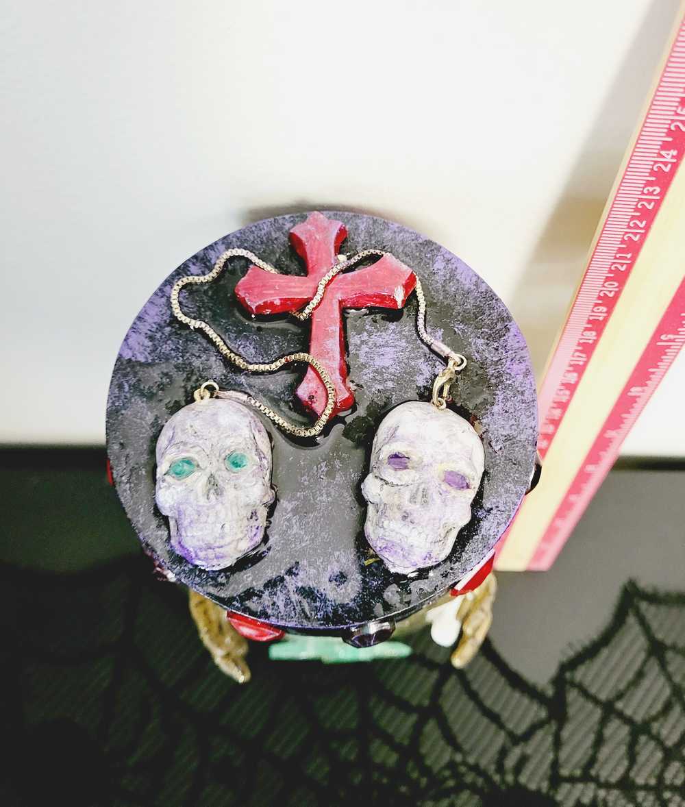 1 litre Mason Jar Filled with Hard Candy. With a Wooden Lid with Resin Skulls & a Cross