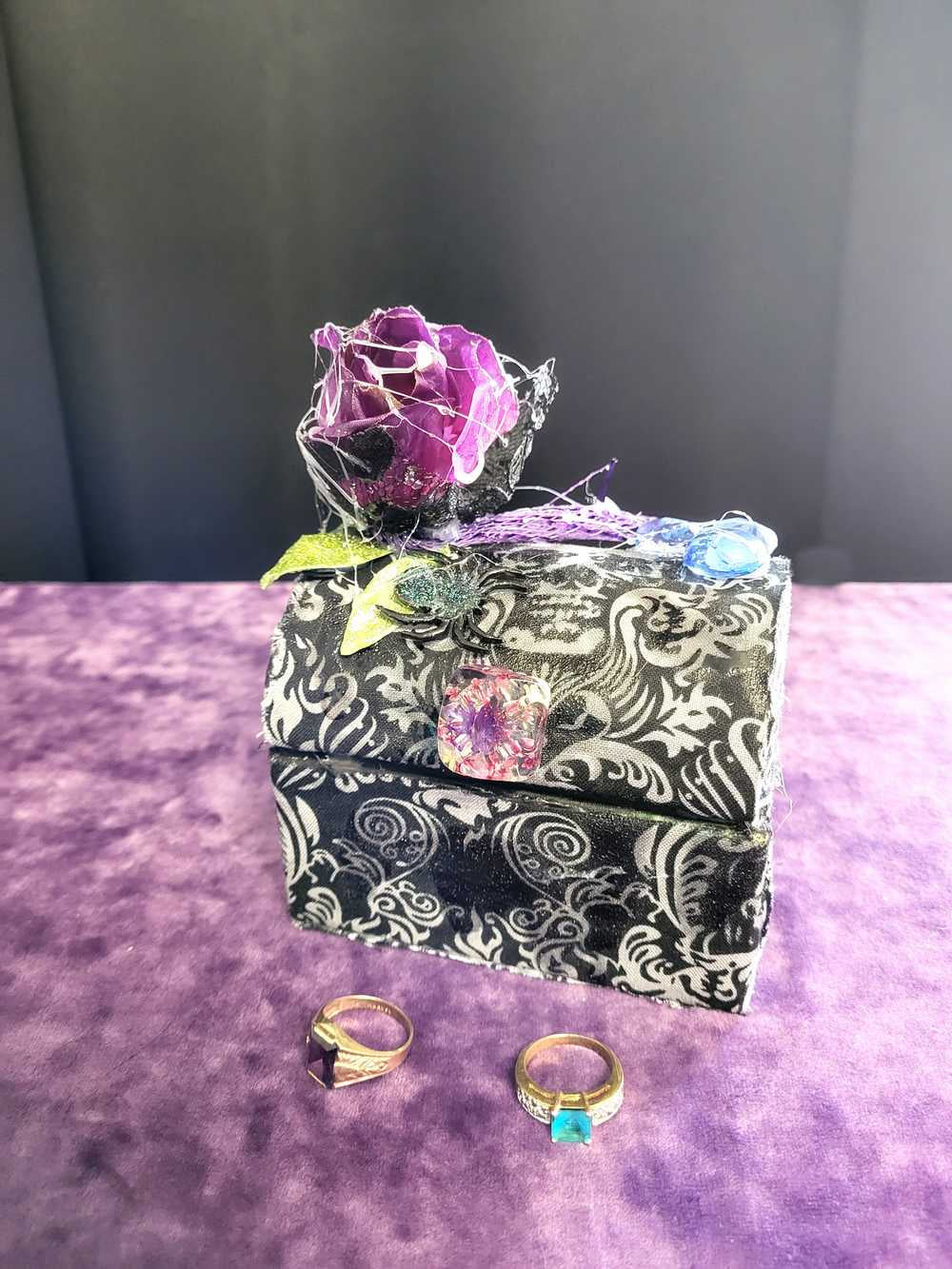 Hump Back Jewelry, Stash, Trinket Box, Covered with Black Skull Fabric, a Purple Rose, Blue Glass Cabochons, Spider,