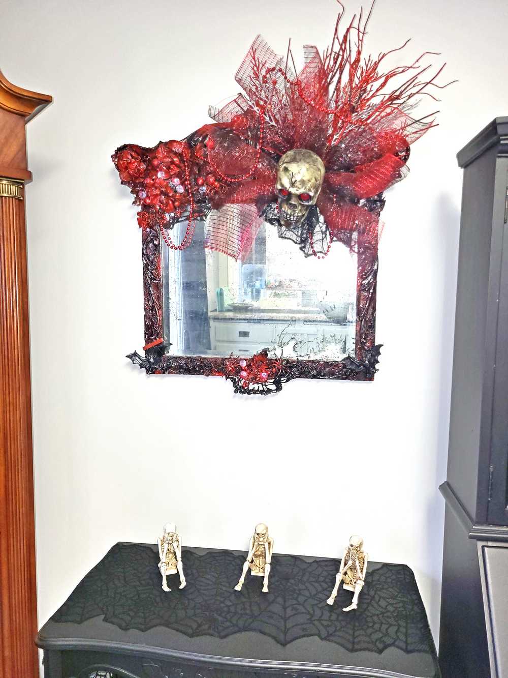 Large Antique Refurbished Skull Mirror in Red and Black with Bats & Spiders